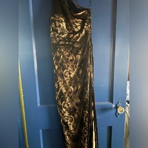 Tan & black lace 1 shoulder evening dress